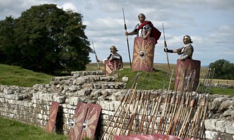 Reenactors portraying soldiers from the Imperial Roman Army pose for a photograph to promote English Heritage’s history weekend, “Hadrians Wall Live”, at Birdoswald Roman Fort near Gilsland, northern England, UK